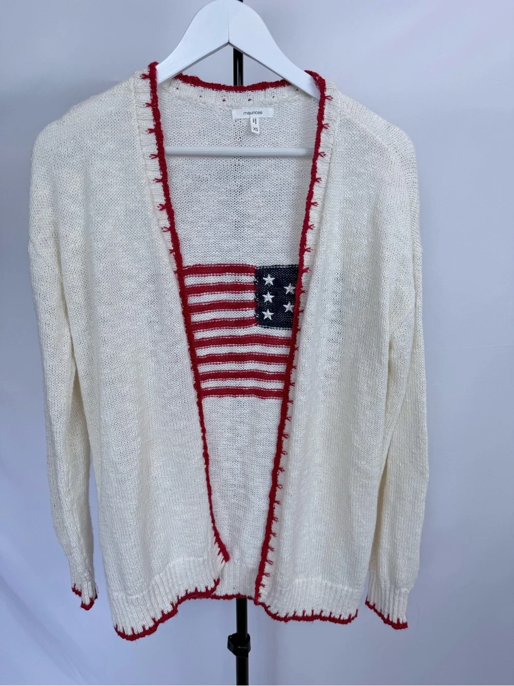 Maurices Cream Open-Front Cardigan with Red Trim and Flag Motif